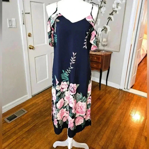 Monteau Dresses & Skirts - Floral Cold Shoulder Dress – Elegant Navy with Pink Roses